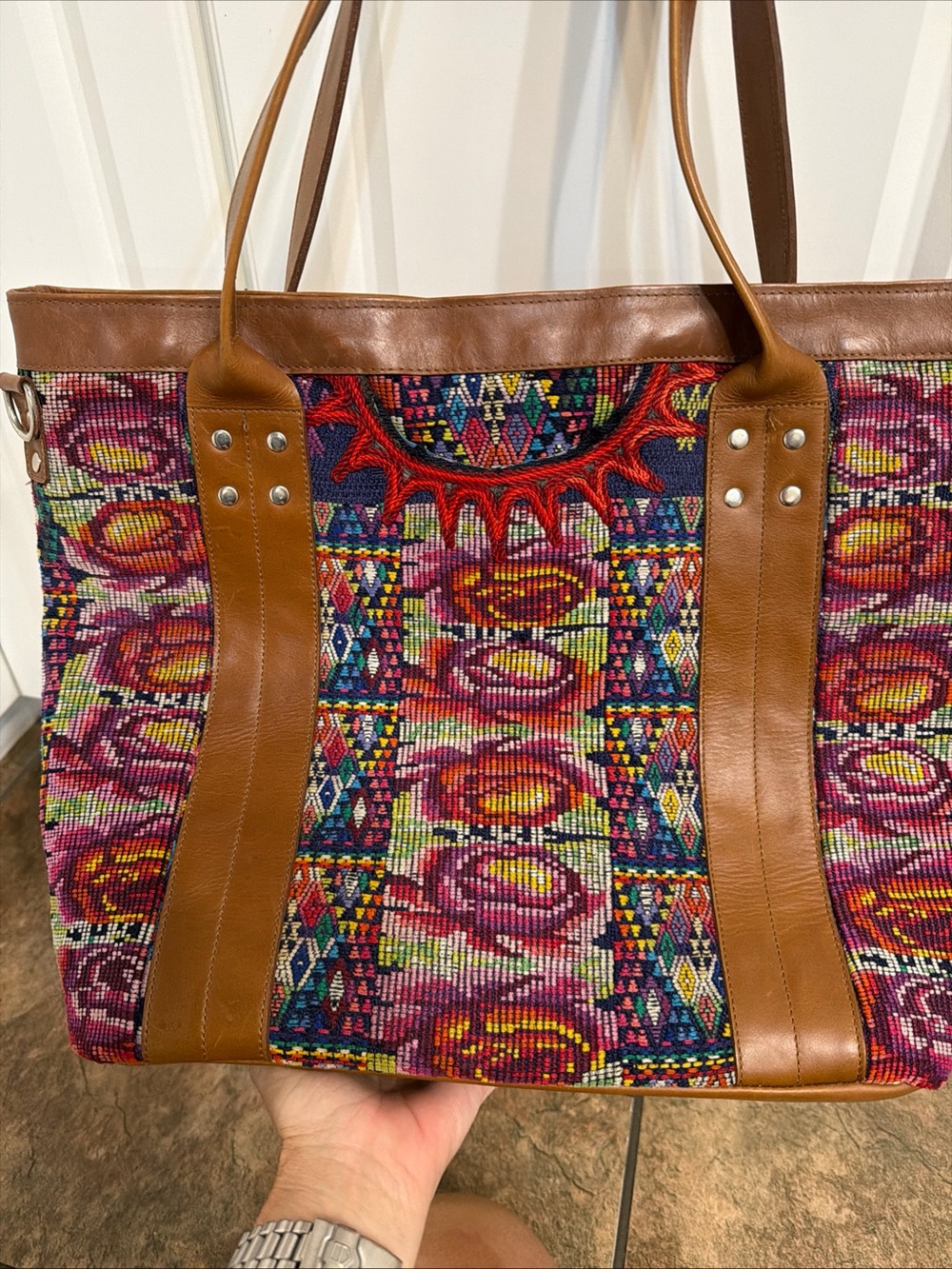 Handmade Guatemalan Fabric And Leather Tote Shoulder Nena Huipil - Picture 5 of 12